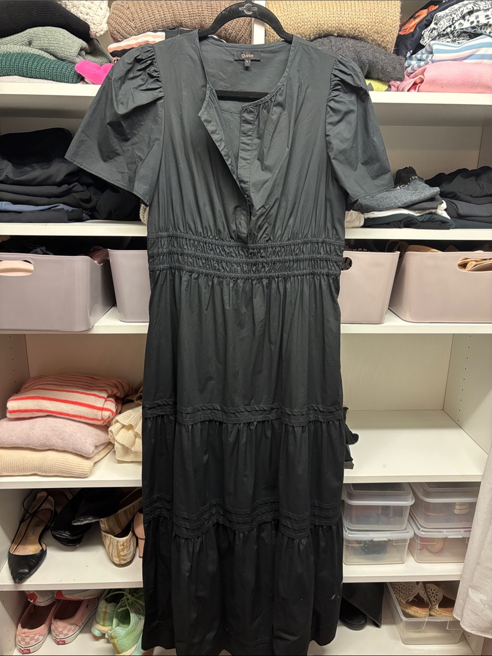 Quince Black Tiered V-Neck Maxi Dress with Puff Sleeves